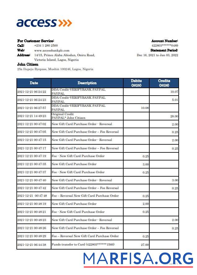 Downloadable Nigeria Access bank statement excel real example